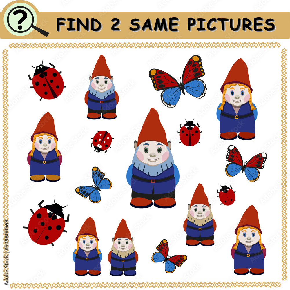 Find same pictures with cartoon gnomes, butterflies and ladybugs. Educational logical game for children. Vector illustration. Find same pictures with cartoon gnomes, butterflies and ladybugs. Educational logical game for children. Vector illustration.