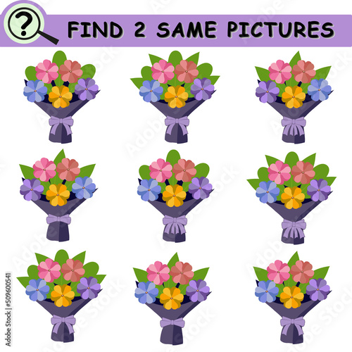 Find same pictures with cartoon flower bouquets. Educational logical game for children. Vector illustration.