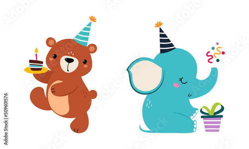 Cute Elephant and Bear Animal Congratulating with Birthday Holiday with Cake and Gift Box Vector Set