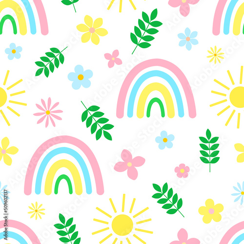 Seamless pattern rainbow sun flowers leaves vector illustration
