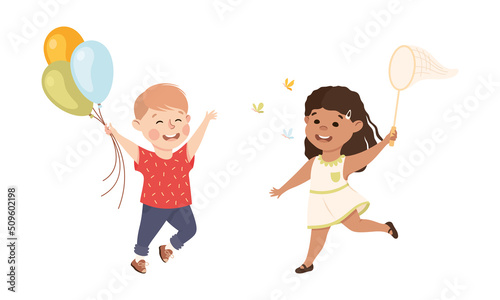 Little Boy and Girl Carrying Balloons and Catching Butterfly with Net Having Happy Childhood Vector Set