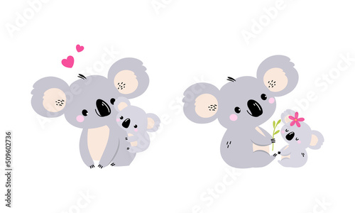 Adorable Koala Arboreal Australian Animal with Round Ears and Little Baby Cub Vector Set