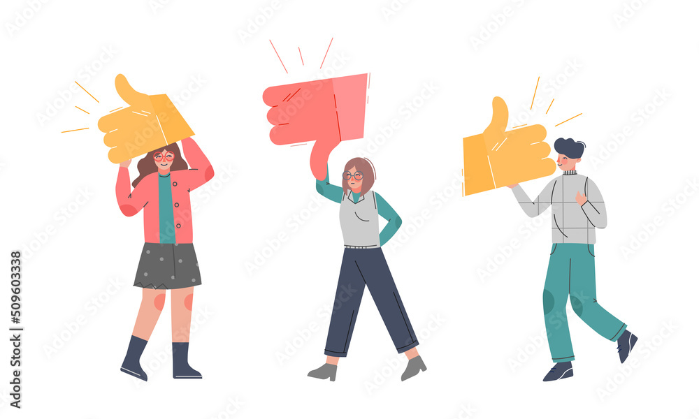 Obraz premium Young Man and Woman Holding Thumb Up and Down Sign as Notification of Approval and Disapproval Vector Set