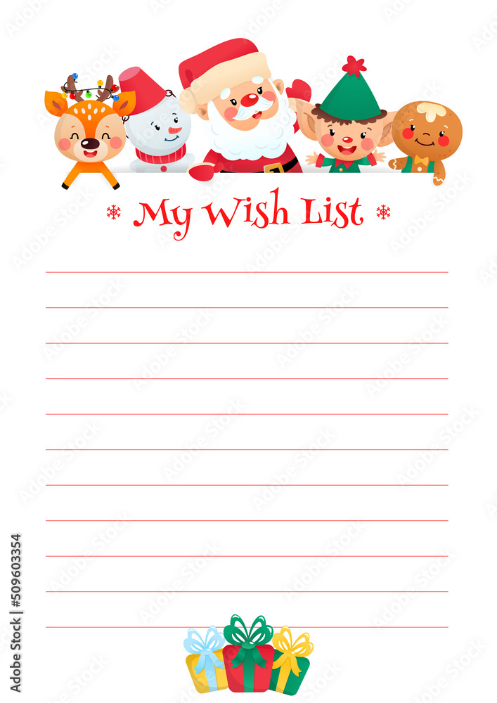 Christmas Wish List template. Cute organizer with a funny cartoon Santa Claus, an elf, a gingerbread man, a snowman and a little deer. Vector 10 ESP. Christmas Wish List template. Cute organizer with a funny cartoon Santa Claus, an elf, a gingerbread man, a snowman and a little deer. Vector 10 ESP.