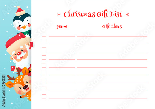 Christmas Gift List template. Cute organizer with a funny cartoon Santa Claus, a little deer and a penguin. Vector 10 ESP.