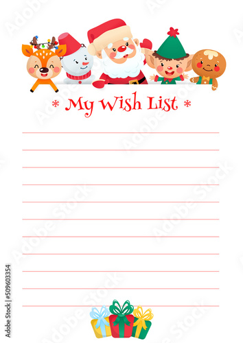 Christmas Wish List template. Cute organizer with a funny cartoon Santa Claus, an elf, a gingerbread man, a snowman and a little deer. Vector 10 ESP.