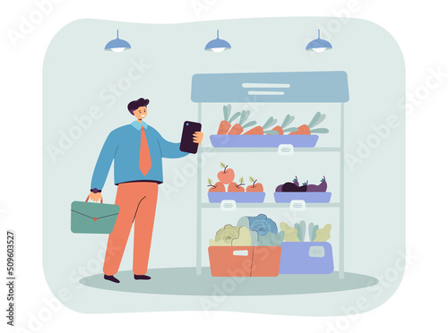 Cartoon businessman with smartphone in grocery store. Man buying or ordering fruits and vegetable in shop flat vector illustration. Shopping, technology concept for banner or landing web page