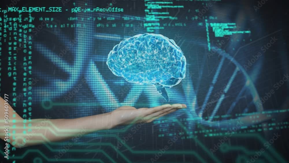 Animation of data processing and human brain on hand over dark background Animation of data processing and human brain on hand over dark background