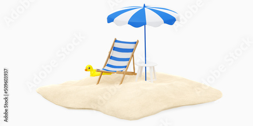 Minimal scene of beach chair and open striped white and blue umbrella and white table for cocktail and  yellow duck on beach sand and white background, Summer concept, 3D rendering