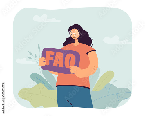 Woman holding sign with FAQ letters. Person offering information analysis, answers to questions flat vector illustration. Search service, inquiry concept for banner, website design or landing web page