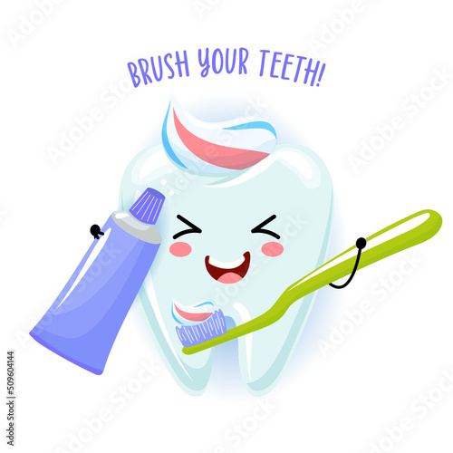 Brush your teeth - Cute tooth character with toothpaste hair and holding toothbrush. Kawaii smiling face. Teeth brushing daily habits.