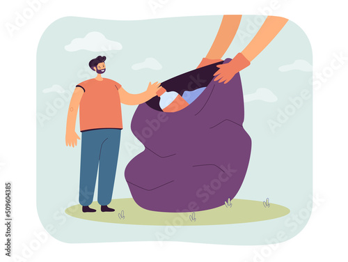 Tiny man and big hands with gloves holding bag of garbage. Male character putting plastic bottle into trash bag flat vector illustration. Ecology, environment, nature concept for banner, landing page