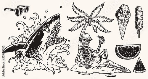 Mexican vacation set monochrome sketch