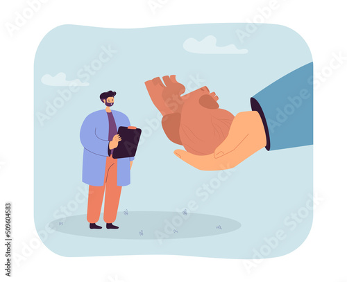 Tiny doctor cardiologist checking heart and circulatory health. Giant hand holding human organ flat vector illustration. Cardiovascular disease concept for banner, website design or landing web page