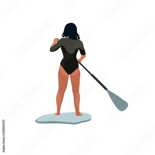Girl in swimming suit paddle boarder. Vector illustration