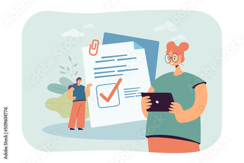 Woman using mobile app to fill out survey online. Tiny person standing near check mark on document flat vector illustration. Complete task concept for banner, website design or landing web page