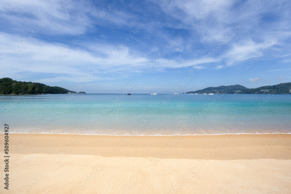 Beautiful nature of the Andaman Sea and the white sand beach at Patong Beach, Phuket Island, Thailand.