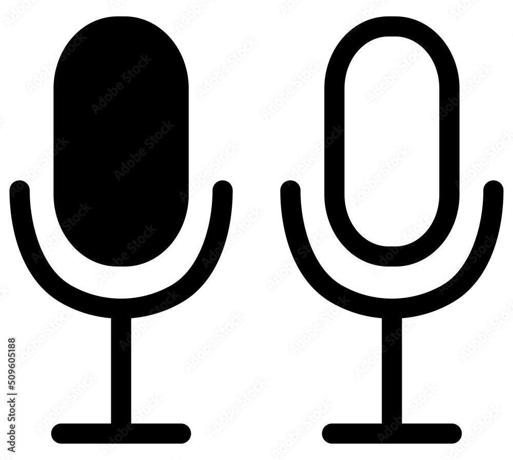 Microphone icon set. Mike silhouette and outline vector illustration isolated on white background. Microphone icon set. Mike silhouette and outline vector illustration isolated on white background.