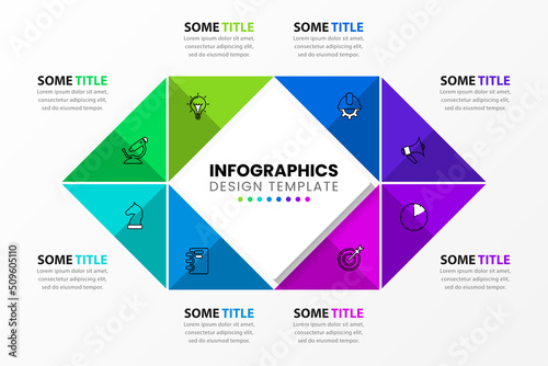 Infographic template. 8 triangles with icons and text