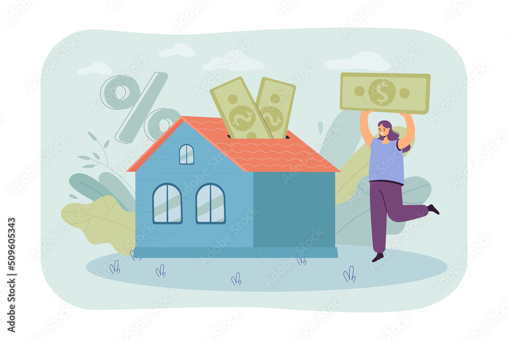 Cheerful cartoon woman putting banknotes into house moneybox. Girl buying property or taking out mortgage flat vector illustration. Real estate, investment, finances concept for banner, website design