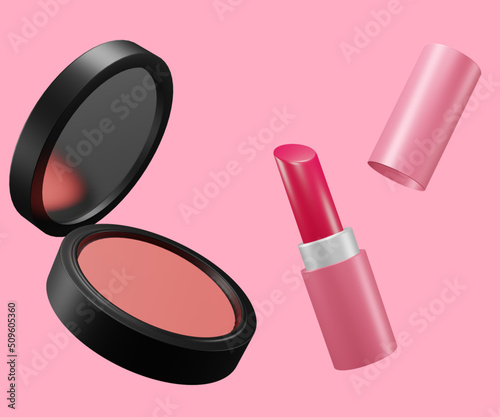 make up set cheek blush and lipstick 3d rendered