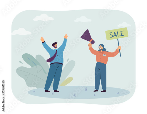 Woman holding megaphone for announcing sales to audience. Public marketing announcement for businessman flat vector illustration. Announcement concept for banner, website design or landing web page