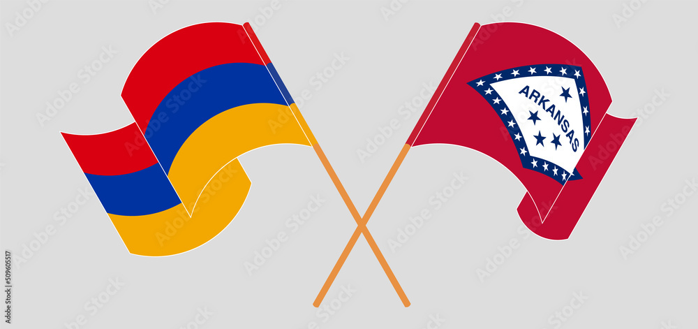 Crossed and waving flags of Armenia and The State of Arkansas Crossed and waving flags of Armenia and The State of Arkansas