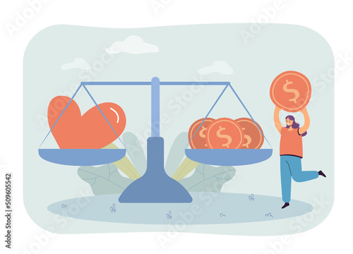 Happy girl and huge scales with heart and gold coins. Balance between money and love, woman holding coin flat vector illustration. Finances, love, charity concept for banner or landing web page