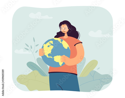 Woman holding globe in hands. Person saving nature and climate of planet flat vector illustration. Earth Day, global ecological protection concept for banner, website design or landing web page