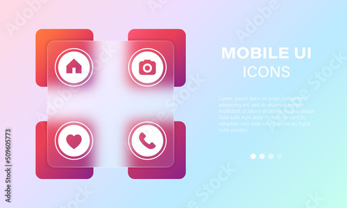 Socail media, mobile user interface icon set. Home, photo, heart and call buttons in glassmorphism style. Vector EPS 10