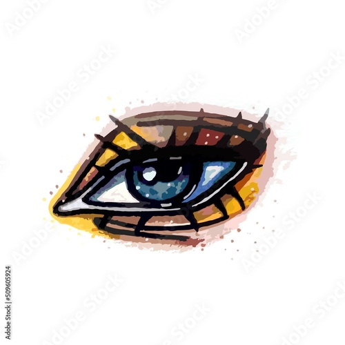 An eye drawn with markers. Eye makeup  beautiful style. The gray-blue eye is isolated. Trace of the author s image.
