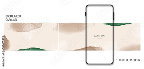 Instagram social media carousel post background template. summer tropical leaf layout in beige nude green natural colors. vector watercolor paint. for travel, beauty, self care business