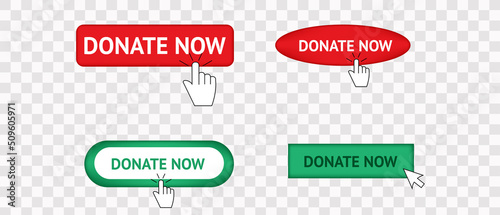 Donate now a set of buttons isolated transparent on the background. With the arrow click here.