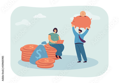 Tiny man and woman saving cash money in piggy bank. Girl sitting on coins, calculating budget flat vector illustration. Wealth, personal account concept for banner, website design or landing web page