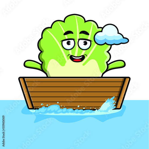 cute cartoon chinese cabbage get on boat in vector character illustration