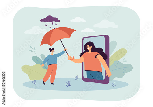 Woman holding out umbrella from phone screen to tiny girl. Female friend protecting from rain flat vector illustration. Friendly care and help concept for banner, website design or landing web page