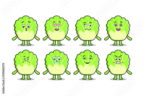 Set kawaii chinese cabbage cartoon character with different expressions of cartoon face vector illustrations