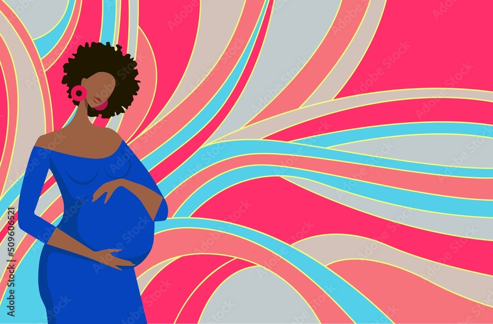 A beautiful pregnant girl holds her hands on her stomach. Happy pregnancy. Flat cartoon vector illustration. Bright background.