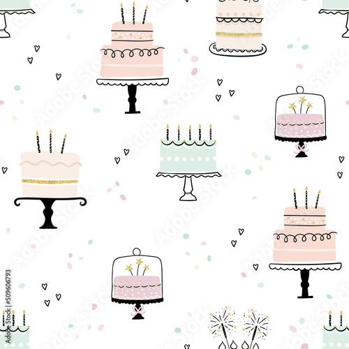 Fun hand drawn party seamless background with cute decorated cakes. Great for birthday parties, textiles, banners, wallpapers, wrapping - vector design