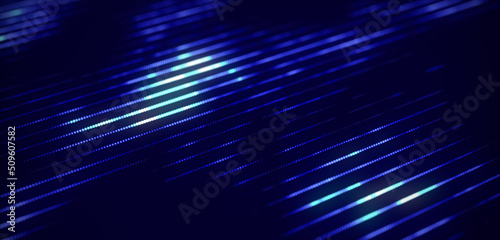Technology digital blue background with glowing perspective lines. Stripes of dots. Concept of matrix. 3d rendering