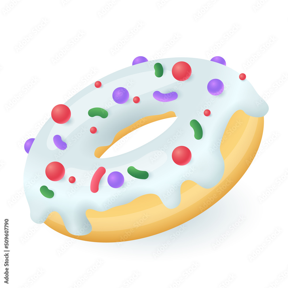 3d cartoon style donut with icing and sprinkles icon. Sweet and delicious glazed or frosted doughnut flat vector illustration. Dessert, bakery, unhealthy food, treat concept 3d cartoon style donut with icing and sprinkles icon. Sweet and delicious glazed or frosted doughnut flat vector illustration. Dessert, bakery, unhealthy food, treat concept