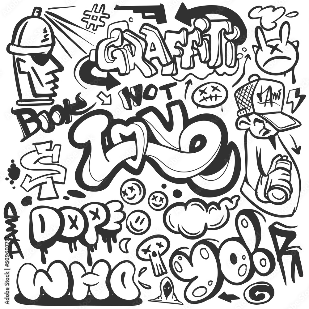 Background with a collection of graffiti drawings, Graffiti supplies and  creative elements on a hand-drawn background. Illustration Stock  Illustration