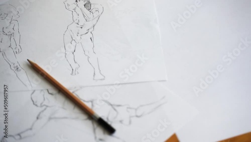 Sketching figure drawing pencil and marker sketches - HD camera pan