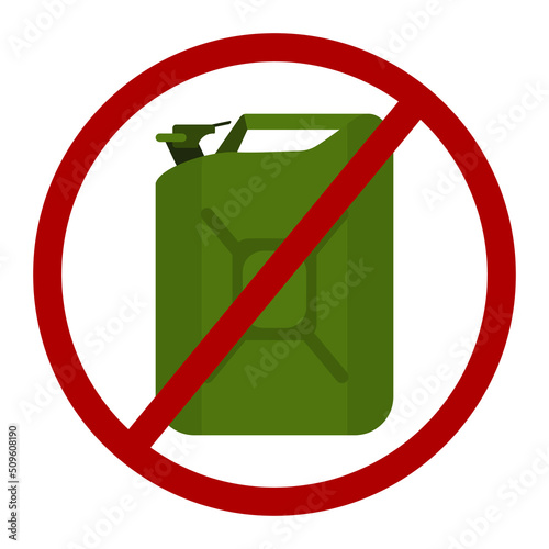 A simple drawing of a green petrol canister in a circle crossed by a red line.  Sign banning petrol