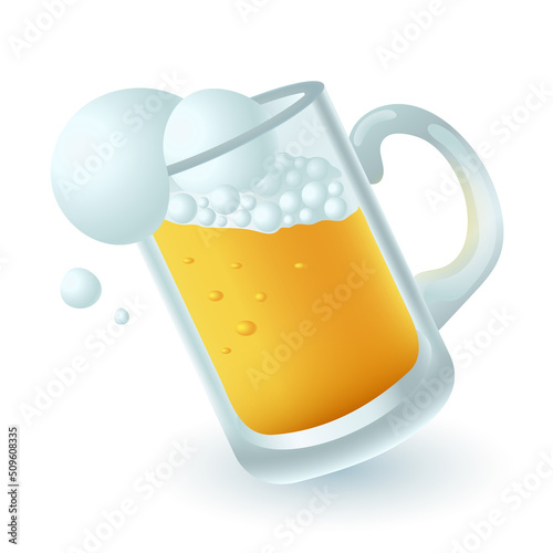 3d cartoon style glass of beer icon on white background. Realistic mug of bright foamy gold beer or light ale, pint flat vector illustration. Alcoholic drink, beverage, bar, party, pub concept