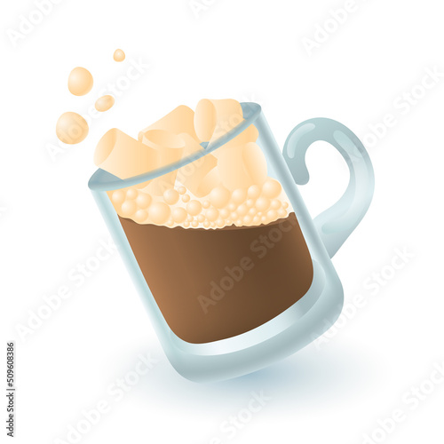 3d cartoon style glass of cocoa with marshmallow icon. Realistic cup of hot or heated chocolate or warm winter beverage flat vector illustration. Seasonal drinks concept