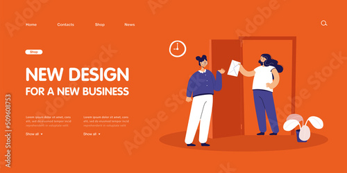Woman delivering envelope to female friend. Girl with letter for neighbor or classmate flat vector illustration. Communication, mail, correspondence concept for banner, website design or landing web