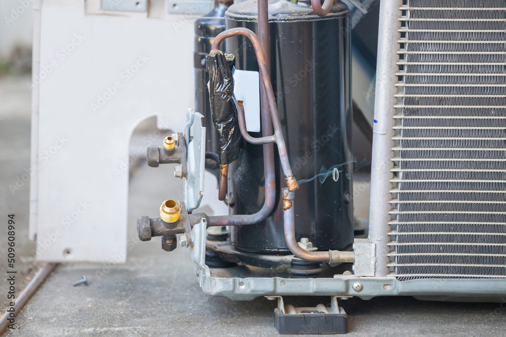 Close up of copper pipe HVAC air conditioning, Air Conditioning Repair use fuel gases and oxygen to weld or cut metals, Oxy-fuel welding and oxy-fuel cutting processes