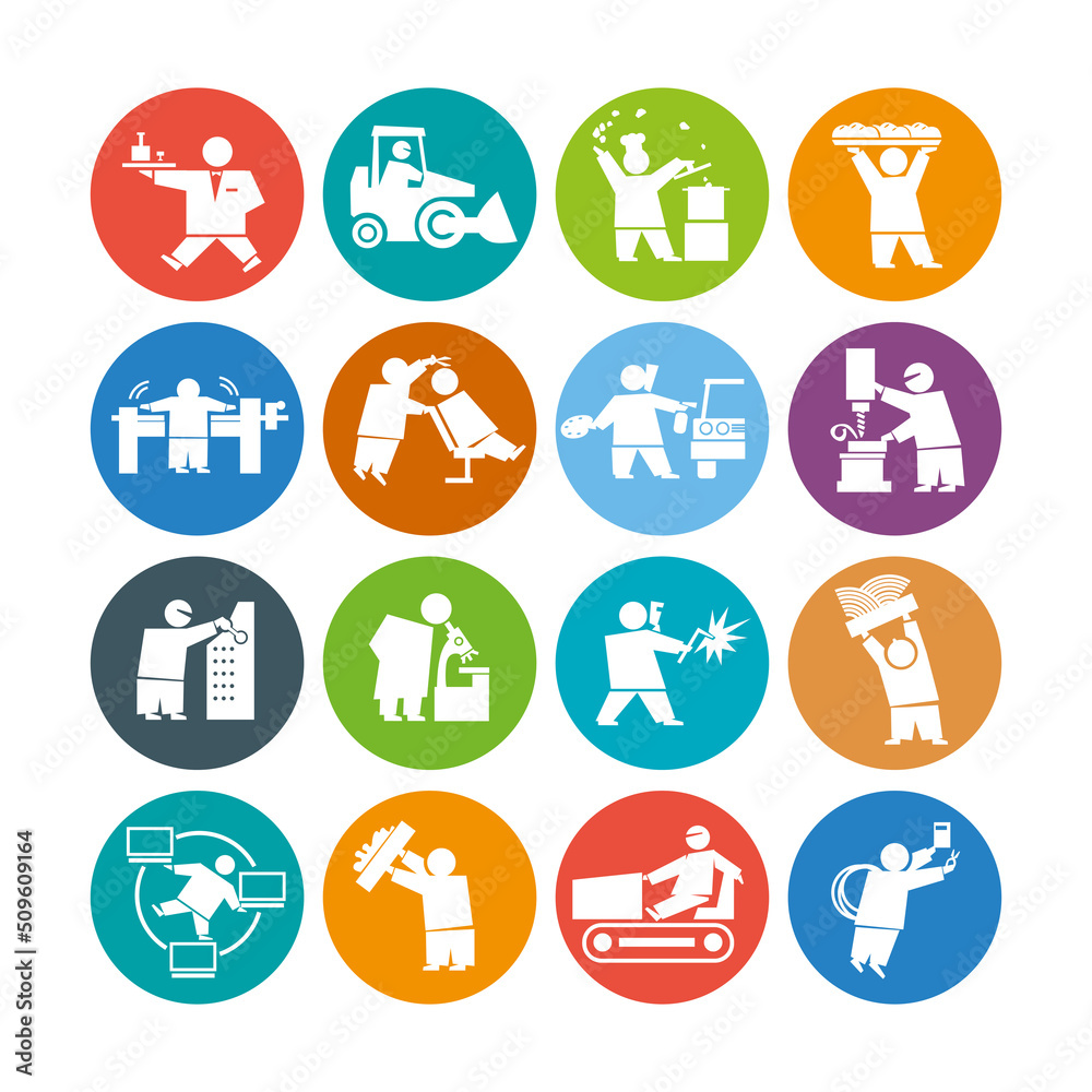 A set of signs of various working professional specialties. Stylish little men in colored circles A set of signs of various working professional specialties. Stylish little men in colored circles