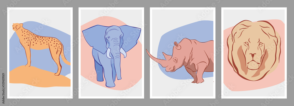 Set of four African animals posters. Stylish cheetah, elephant, rhinoceros and lion are drawn in lines and in spots. Vector graphics